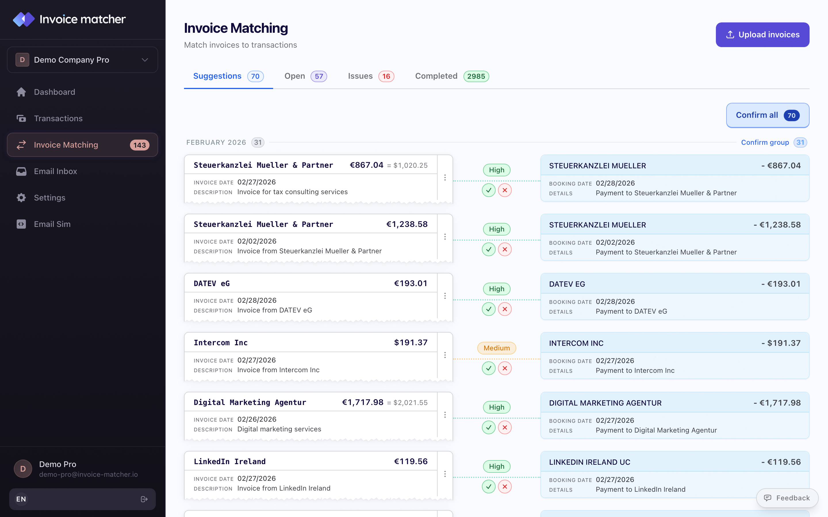 invoice-matcher.io dashboard showing invoice reconciliation